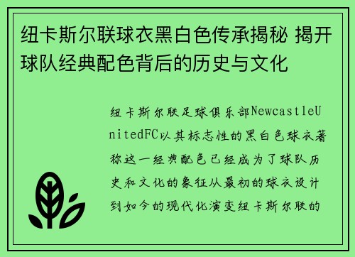 纽卡斯尔联球衣黑白色传承揭秘 揭开球队经典配色背后的历史与文化